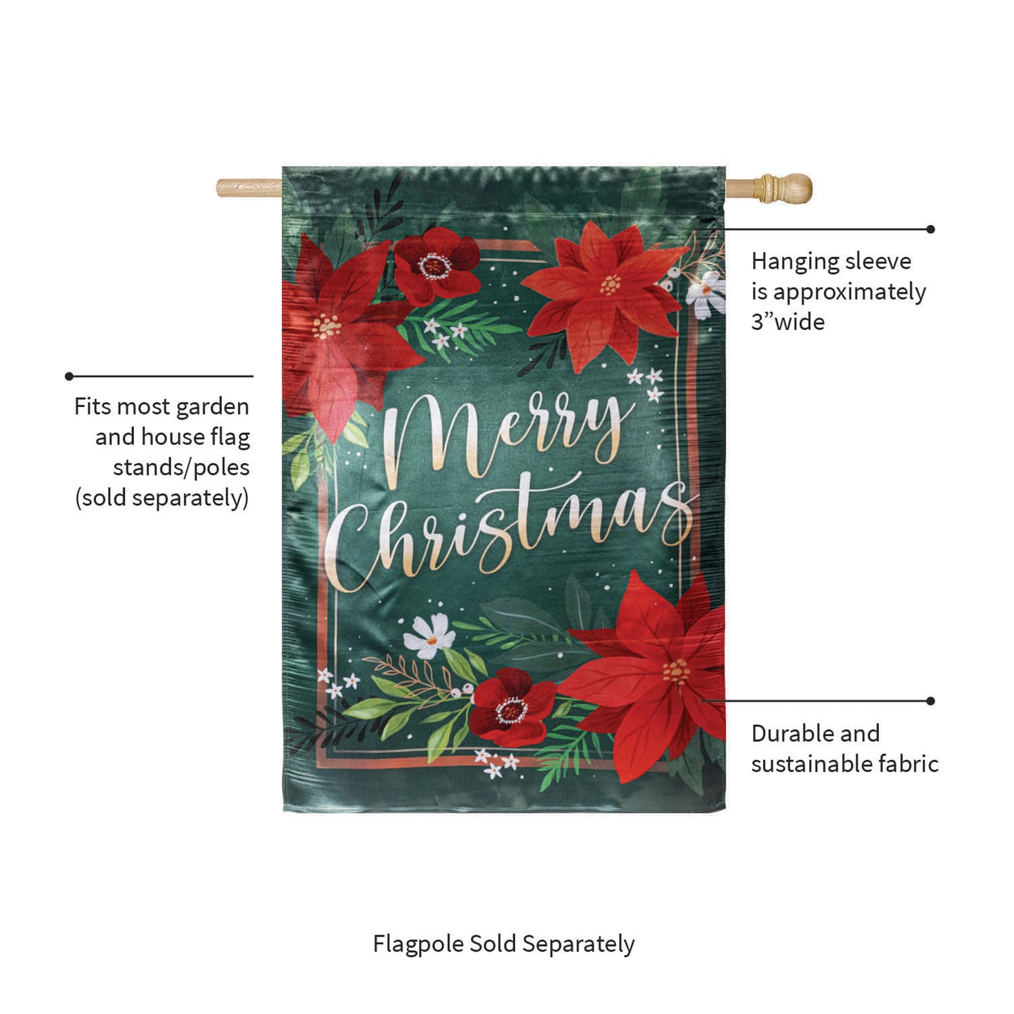 Floral Merry Christmas Lustre House Flag