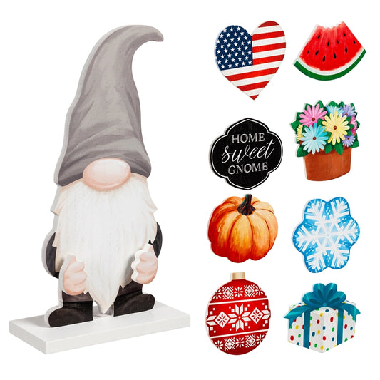 Wood Gnome Table Decor with 8 Interchangeable Icons