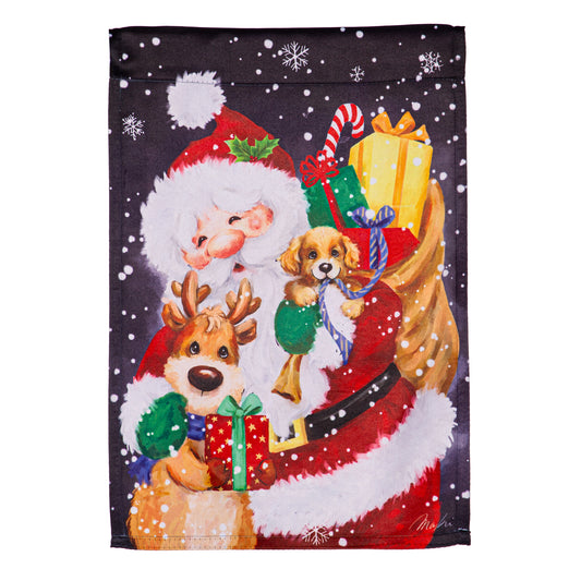 Santa, Reindeer and Puppy Suede Garden Flag