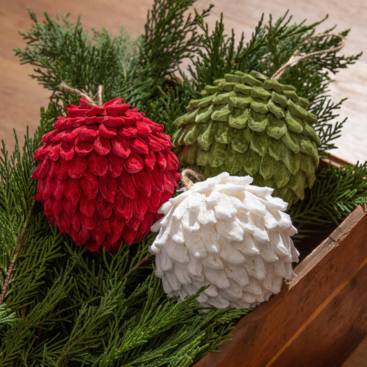 Christmas Red/Green/White Paper Ruffled Ball Ornament, 4"H, 3 Assorted