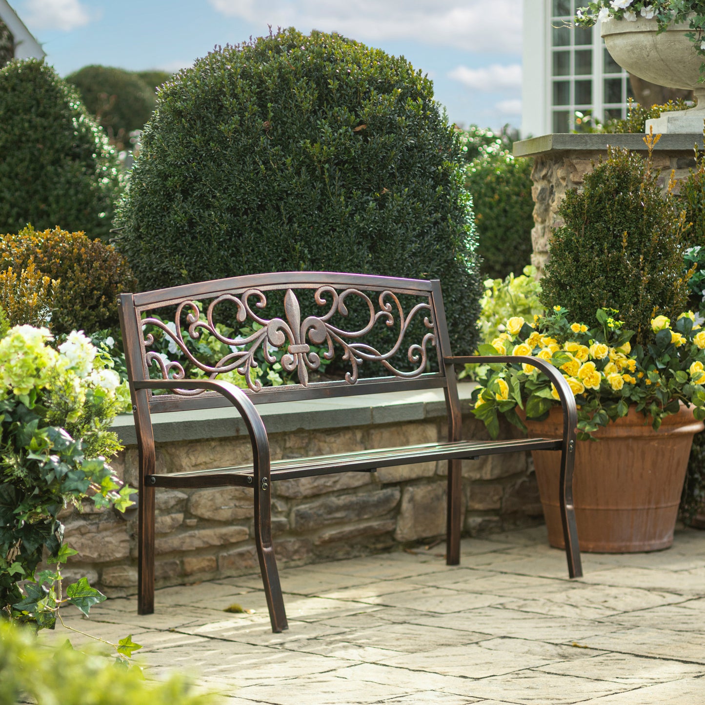 Garden Metal Bench, Fleur de Lis