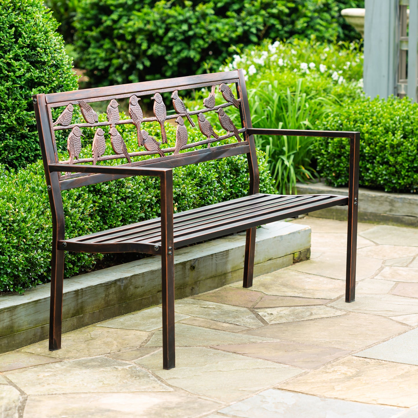 Garden Metal Bench, Birds on a Wire