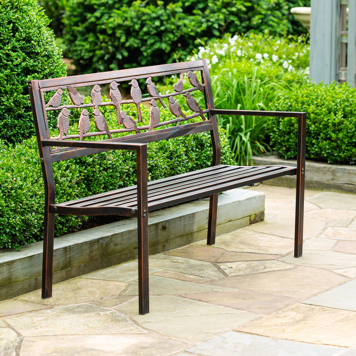 Garden Metal Bench, Birds on a Wire