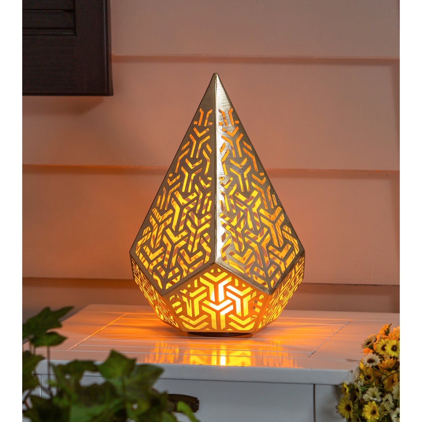 Gold Fire Flame Battery Operated Geomatrix Die Cut Lantern, Large