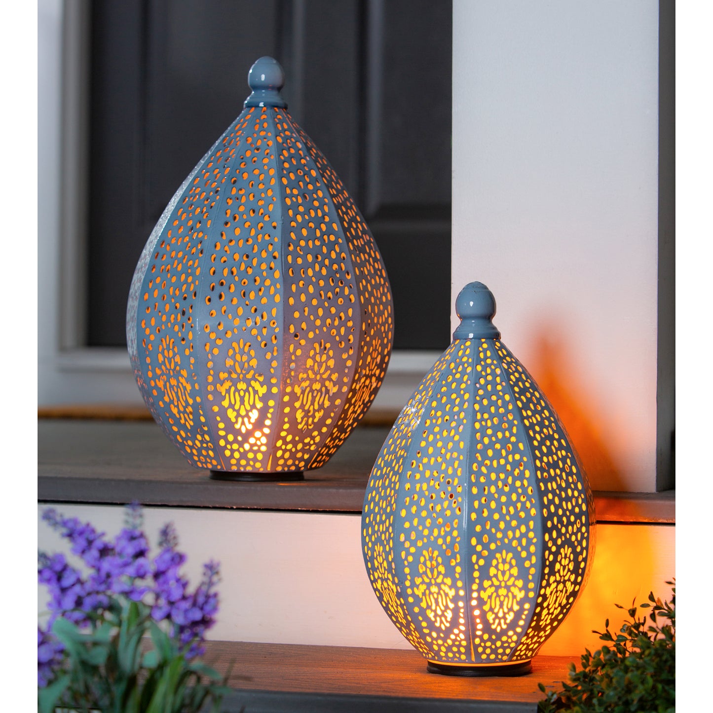 Light Blue Fire Flame Battery Operated Moroccan Die Cut Lantern, Small